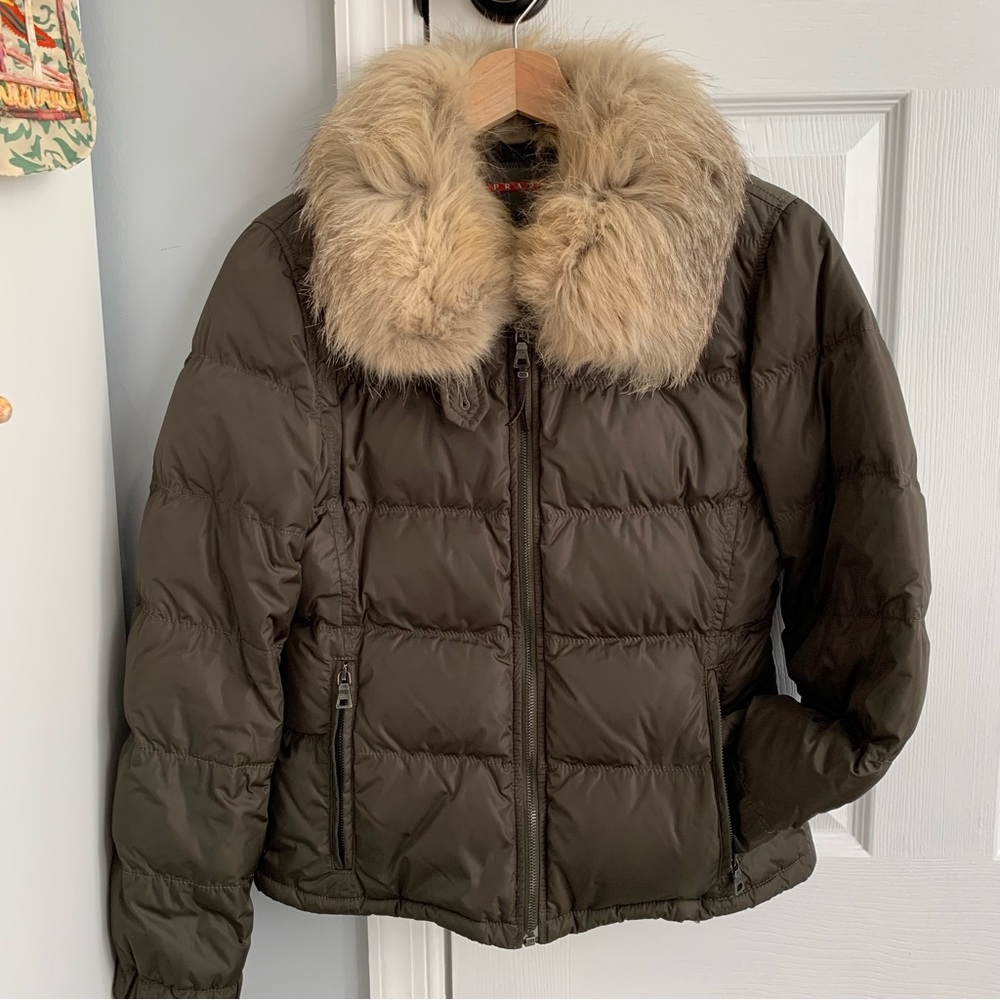 Prada Fur Collar Down Puffer Jacket/Coat Khaki Green Sz IT40